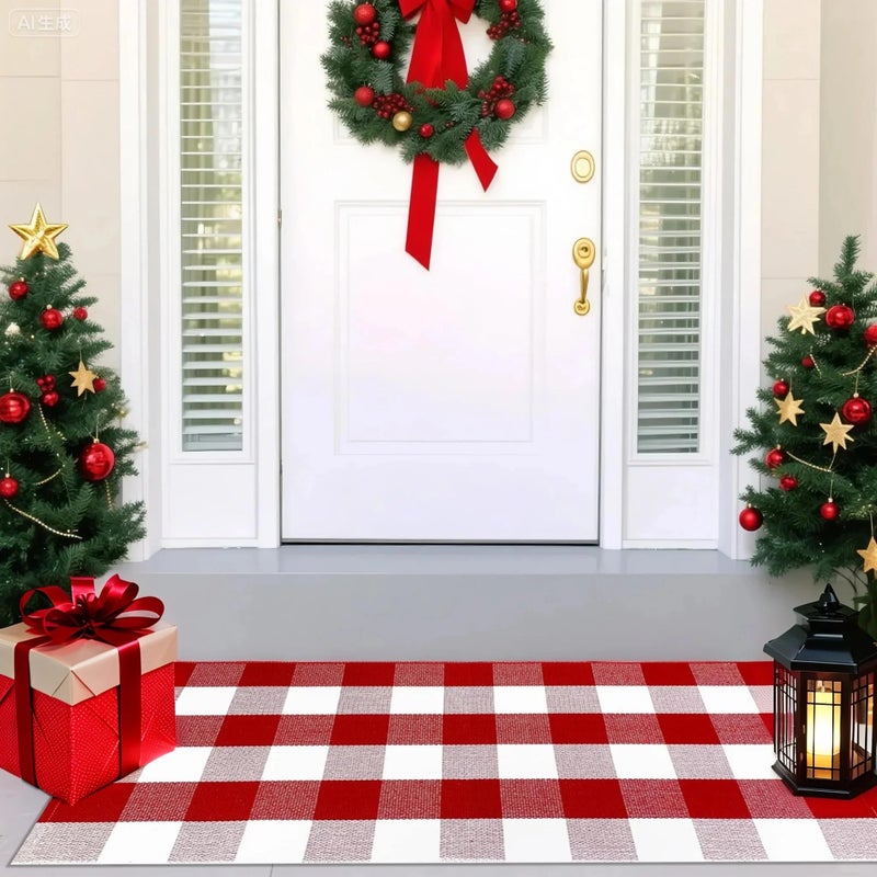 USTIDE Cotton Buffalo Plaid Rug Red&White Check Rugs 23.6"X51" Hand-Woven Indoor or Outdoor Rugs for Layered Door Mats Washable Carpet for Front Porch/Kitchen/Farmhouse/Entryway - Image 1